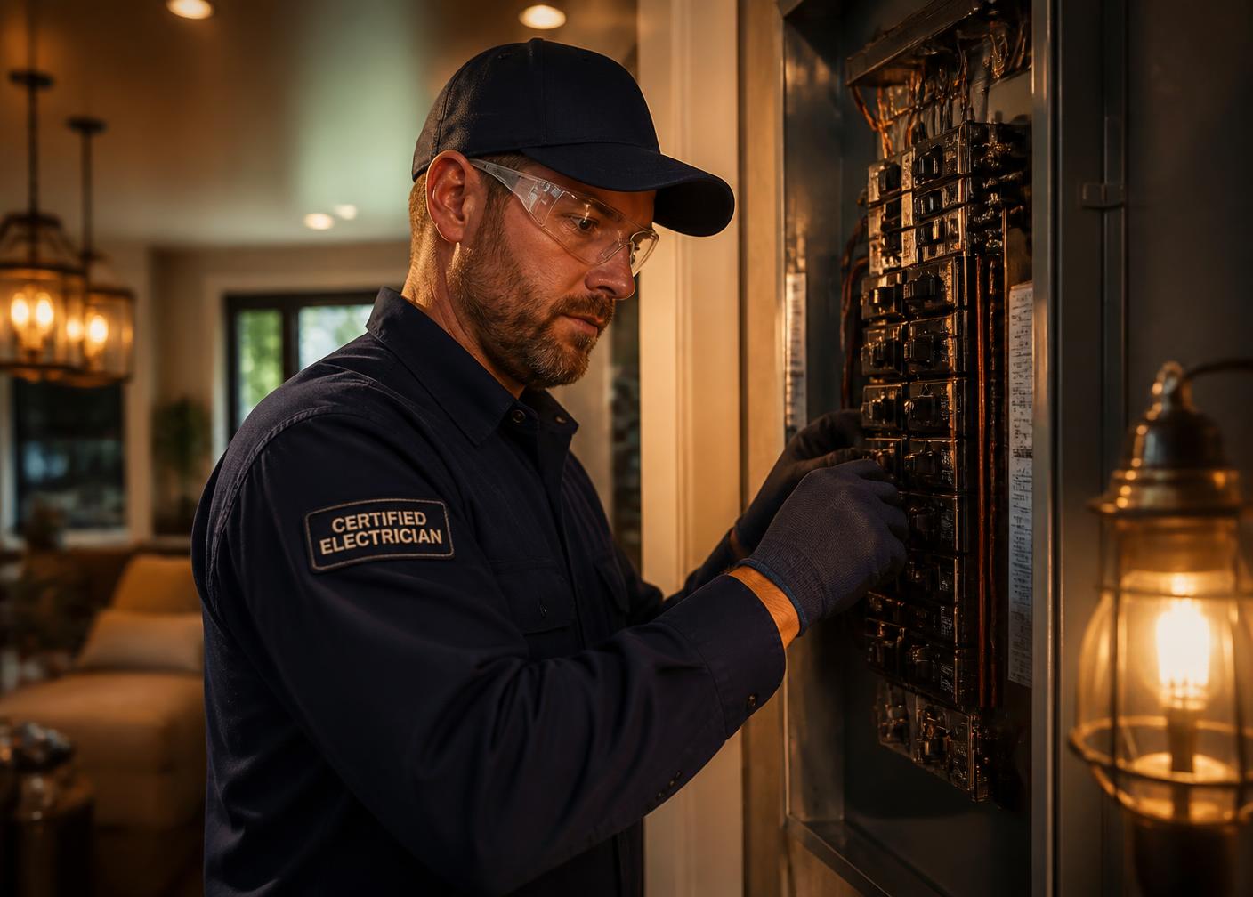Eletricista instalando quadro de distribuição em residência